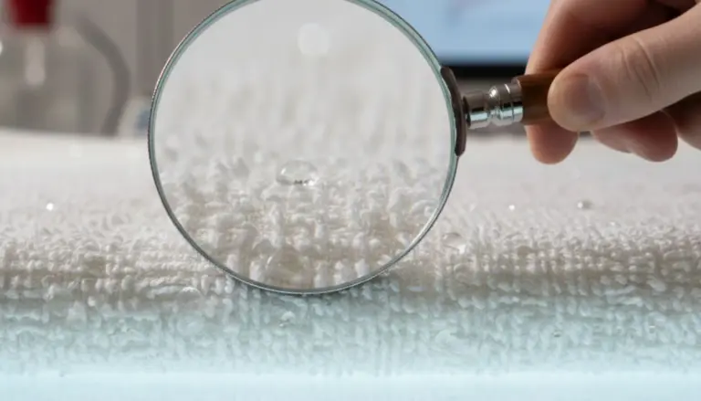 ahaufnahme einer Lupe über einem 650 GSM Handtuch zur Darstellung der dichten Gewebestruktur aus GIZA-Baumwolle.