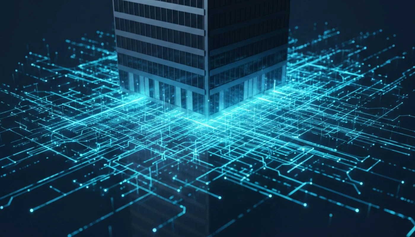 Abstraktes blaues Daten-Netzwerk als leuchtendes Fundament unter einem modernen Wolkenkratzer, das technische Stabilität und digitale Infrastruktur symbolisiert.