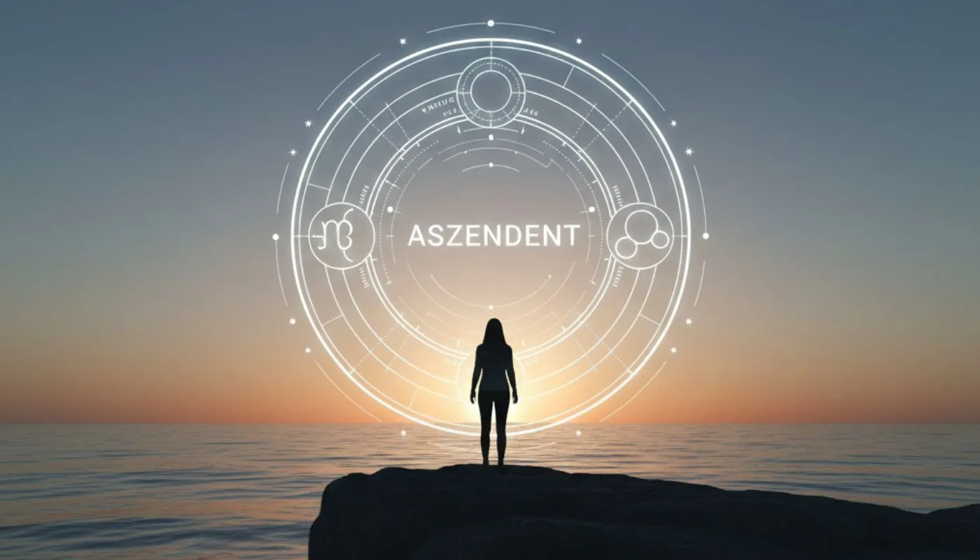 Silhouette einer Person vor einem Sonnenaufgang am Meer mit einer minimalistischen Grafik eines Astrolabiums und dem Schriftzug Aszendent – Symbol für Selbsterkenntnis.