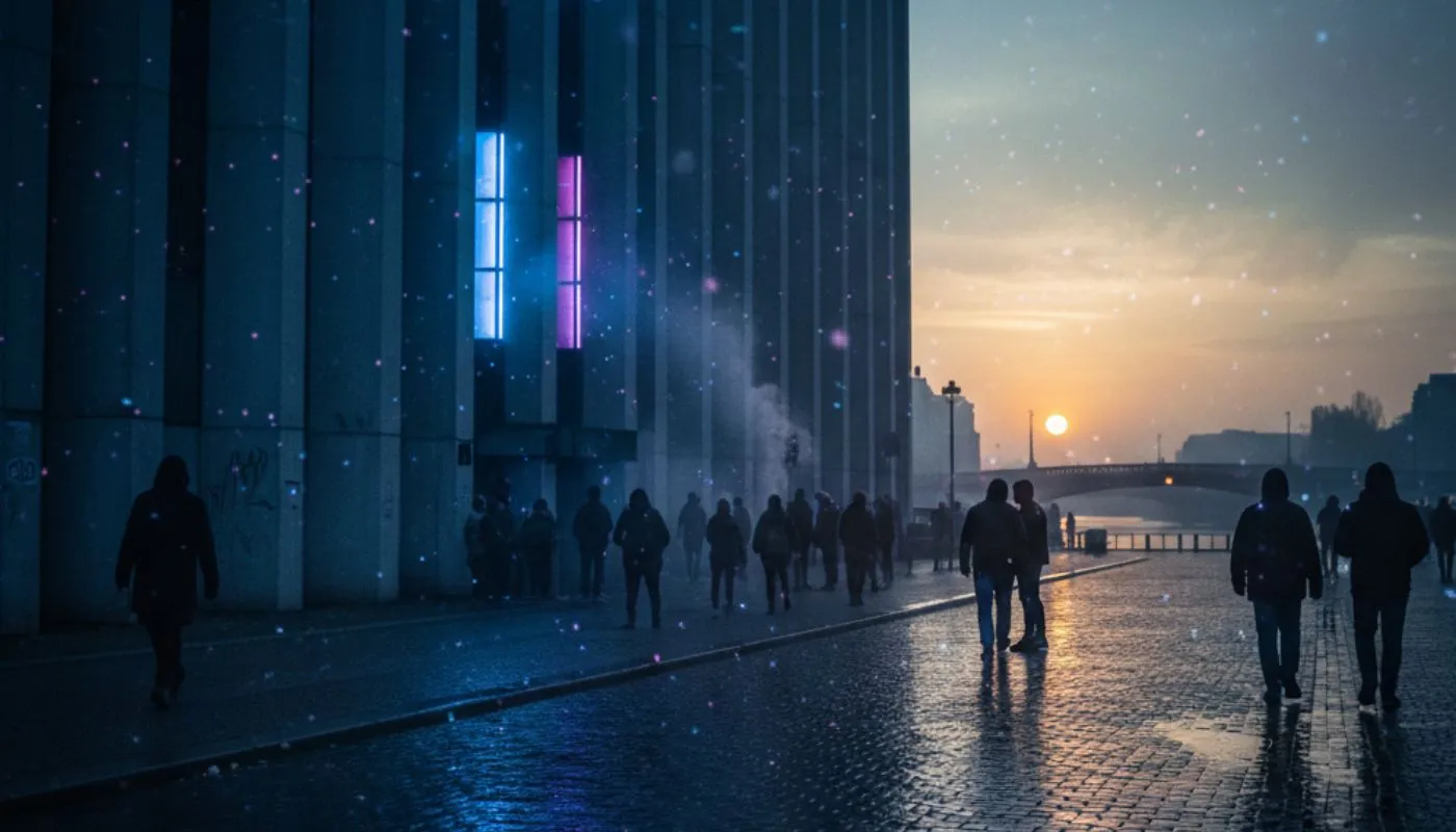 Nächtliche Berliner Straßenszene mit Neonlichtern, die Clubkultur symbolisierend.