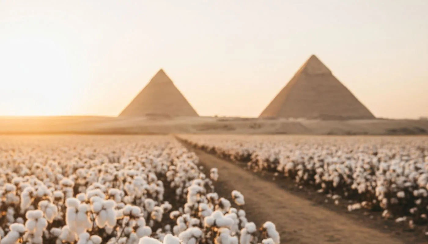 Baumwollfeld mit reifer GIZA Baumwolle vor den Pyramiden von Gizeh in Ägypten bei Sonnenaufgang.