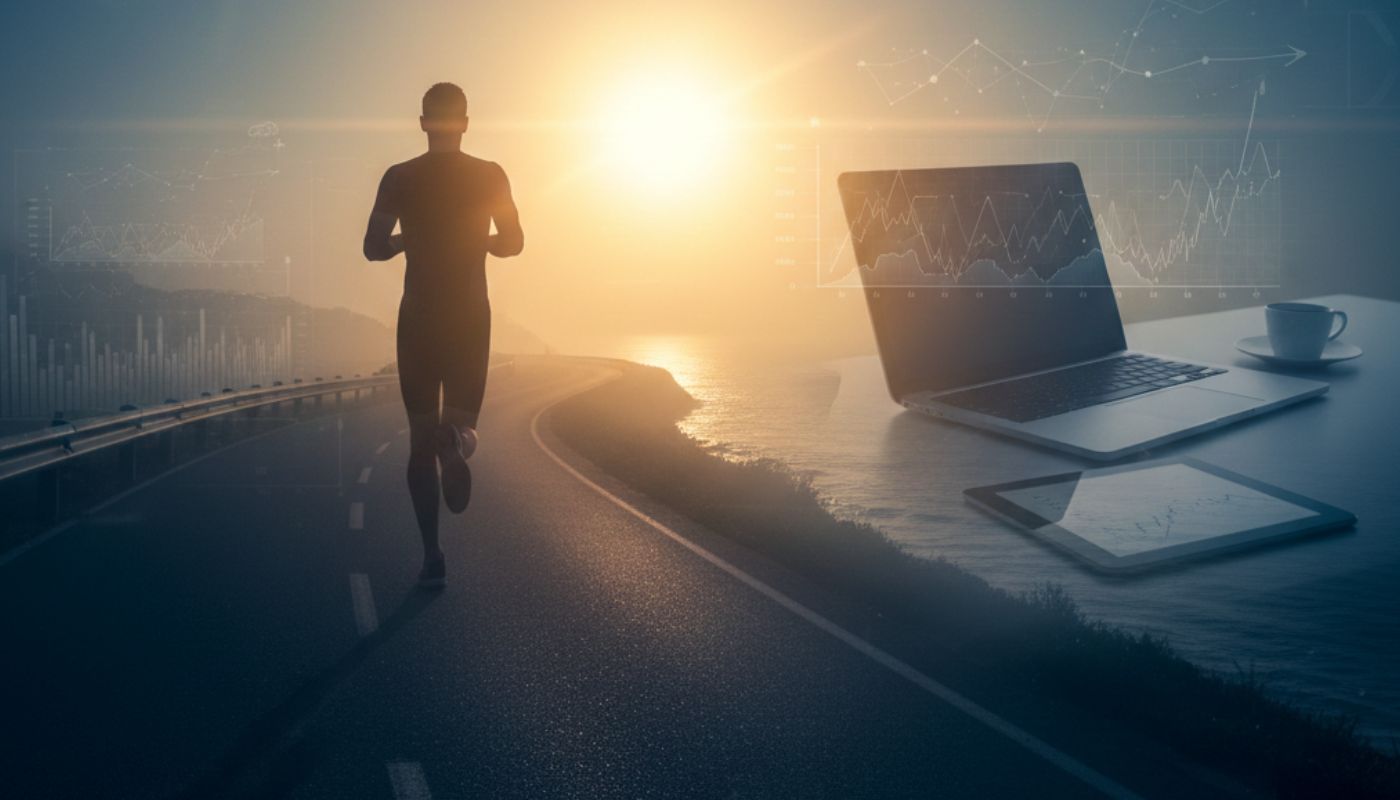 Ein Läufer bei Sonnenaufgang auf einer Küstenstraße, kombiniert mit einem modernen Workspace und Daten-Charts als Symbol für High Performance Mindset.Ein Läufer bei Sonnenaufgang auf einer Küstenstraße, kombiniert mit einem modernen Workspace und Daten-Charts als Symbol für High Performance Mindset.