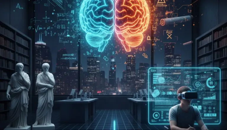 Futuristische Darstellung des menschlichen Gehirns zwischen mathematischen Formeln, VR-Technologie und antiken Philosophen-Statuen.