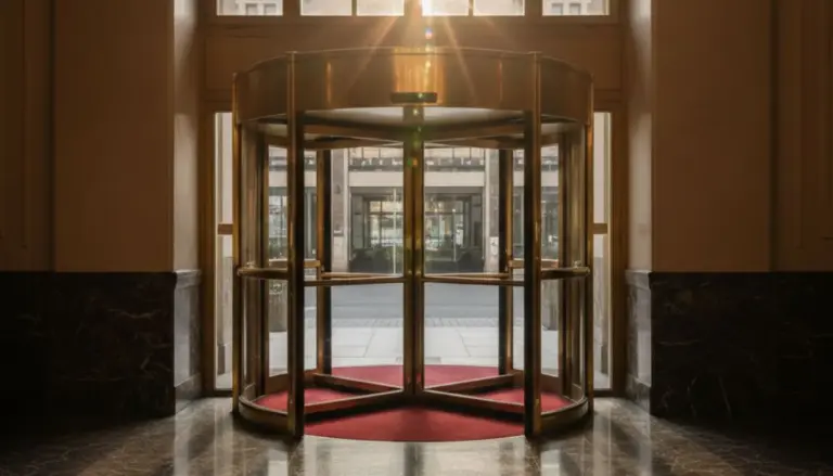 Eingangsbereich eines luxuriösen Grand Hotels mit goldener Drehtür und Kronleuchter als Symbol für höchste Qualitätsstandards.