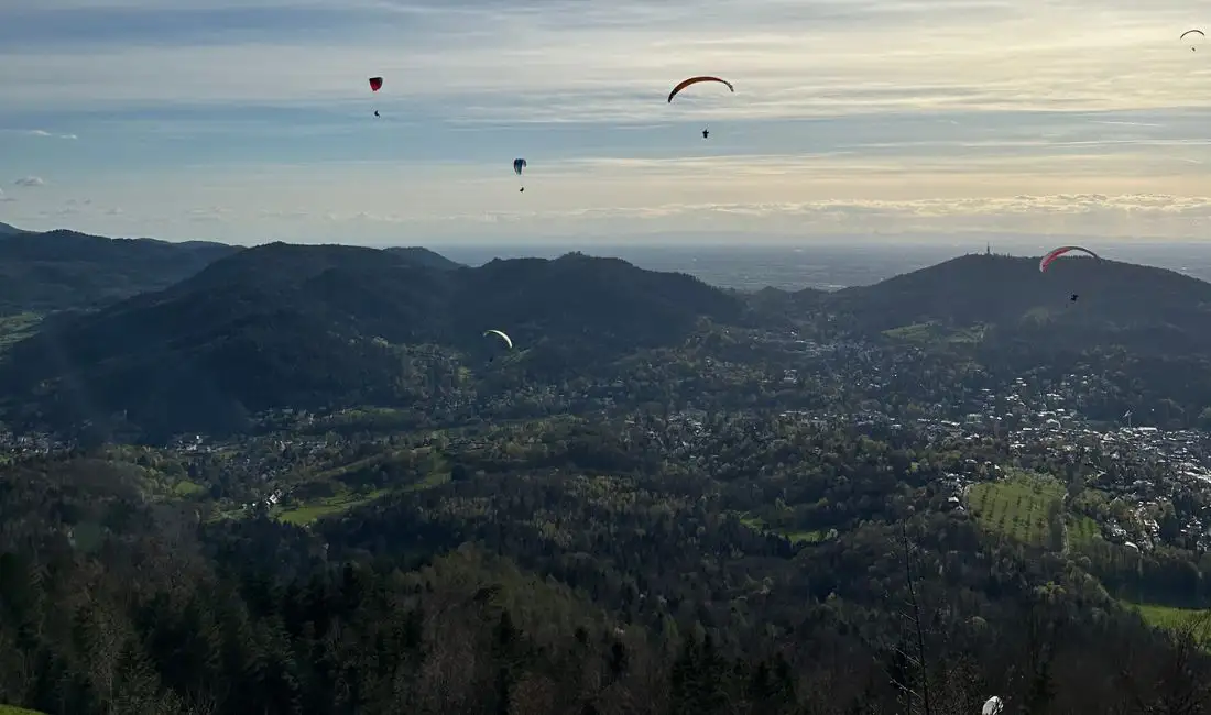 Blick vom Merkurberg Baden-Baden ins Tal mit Gleitschirmfliegern bei sonnigem Wetter.