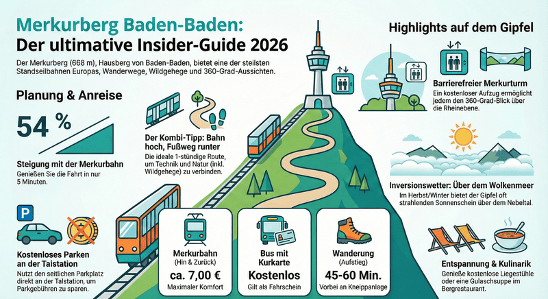 Guide zur Merkurbergbahn mit 54 Prozent Steigung, Preisen (ca. 7,00 €) und kostenlosem Bus mit der Kurkarte.