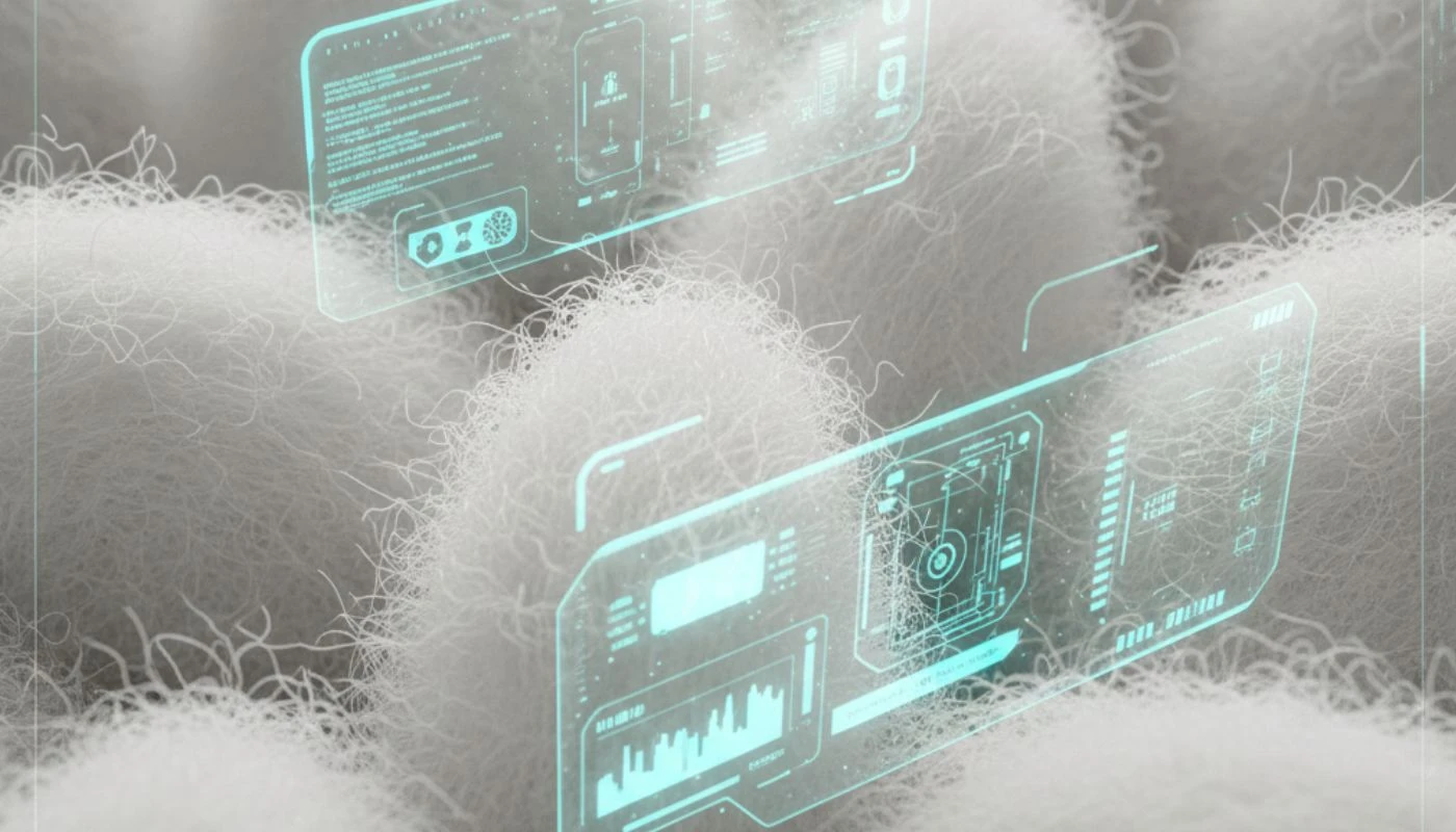 Hochauflösende Nahaufnahme von luxuriösen Baumwollfasern, kombiniert mit gläsernen digitalen Interface-Elementen im High-End-Design-Stil.