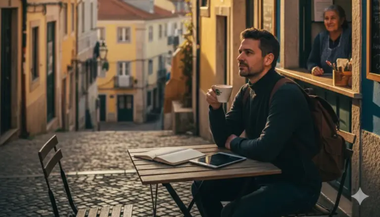 Authentische Gasse in Lissabon mit einem kleinen Café-Tisch vor einer Pastelaria bei Sonnenuntergang – Symbol für Slow Travel und Workation.