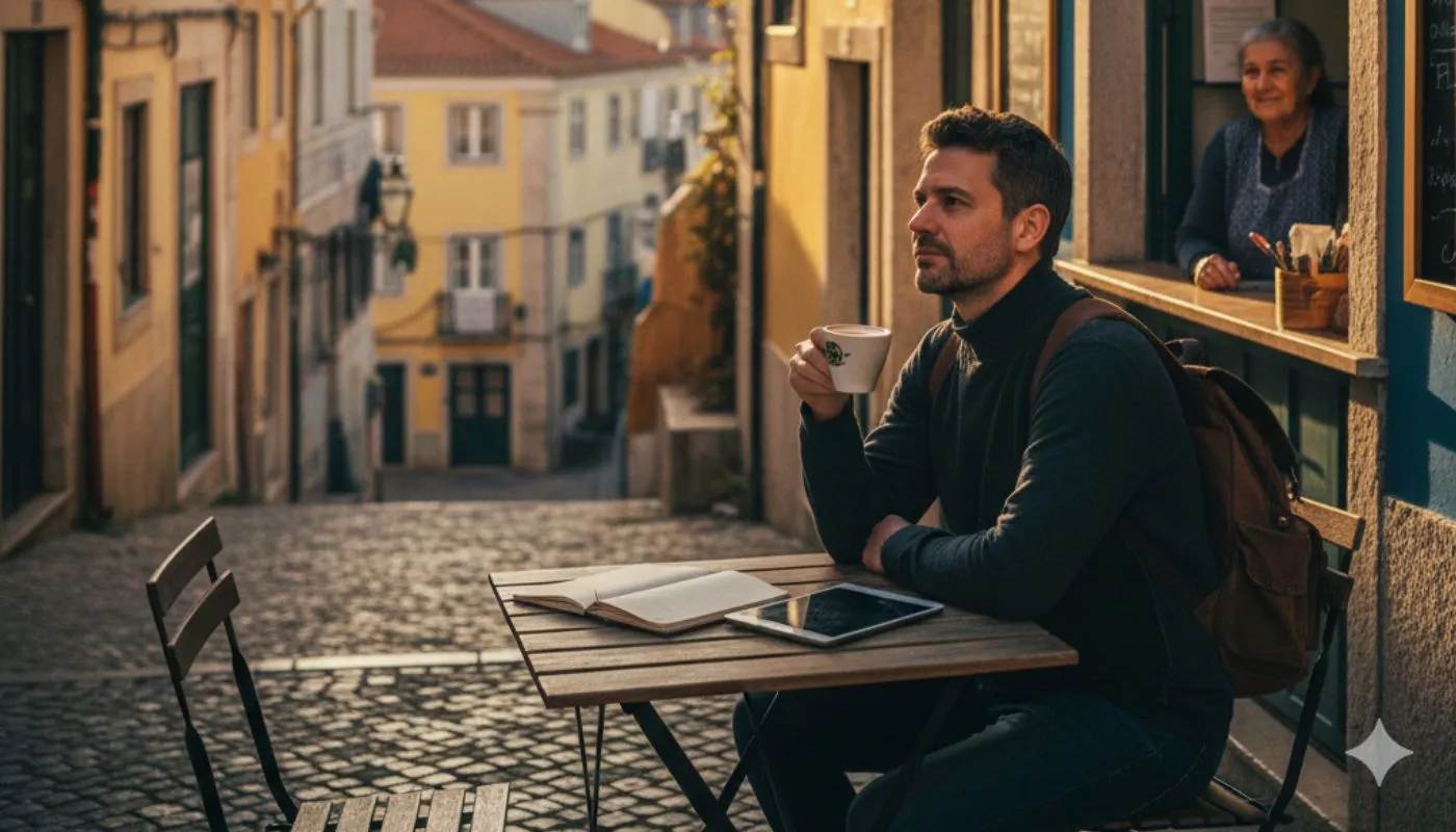 Authentische Gasse in Lissabon mit einem kleinen Café-Tisch vor einer Pastelaria bei Sonnenuntergang – Symbol für Slow Travel und Workation.