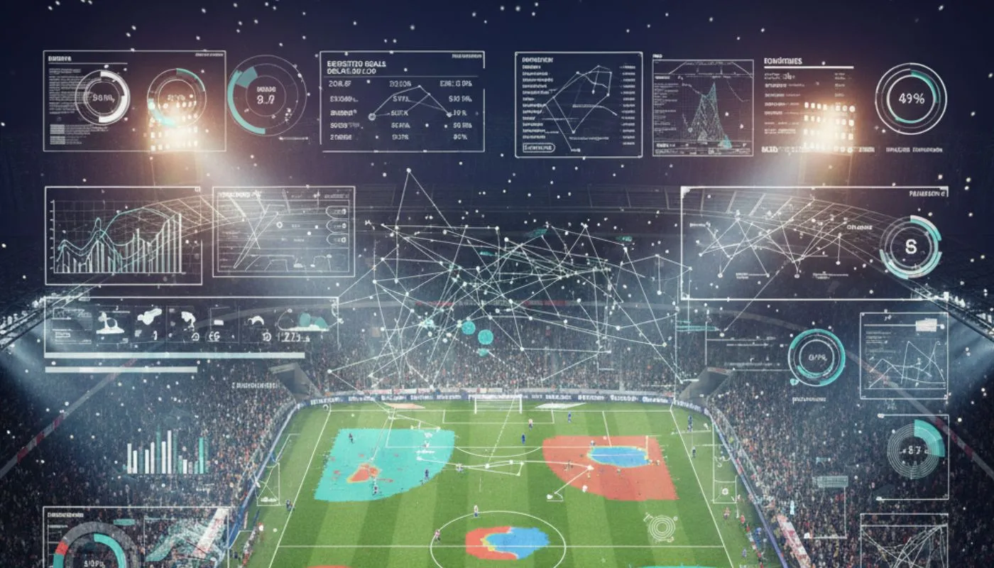 Futuristische Daten-Analyse eines Fußballspiels in einem vollbesetzten Stadion mit digitalen Heatmaps und Performance-Metriken.