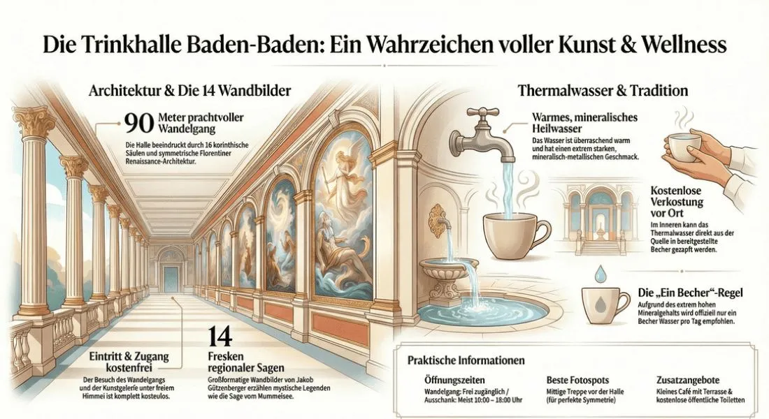 Der 90 Meter lange Wandelgang der Trinkhalle mit 16 korinthischen Säulen und 14 Fresken regionaler Sagen.