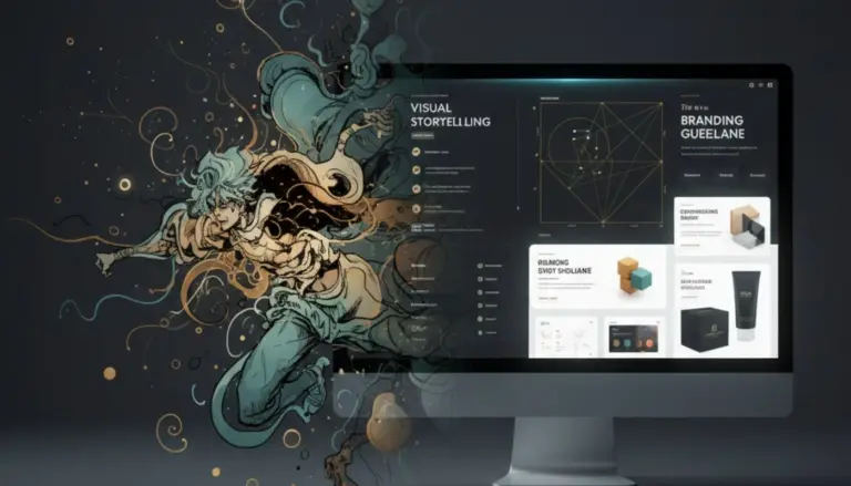 Dynamische Verschmelzung von künstlerischen Manga-Skizzen und modernem E-Commerce Branding auf einem Computerbildschirm.