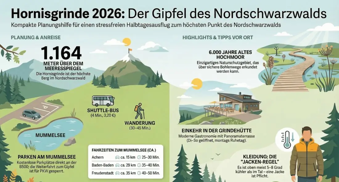 Infografik Hornisgrinde 2026: Kompakte Planungshilfe mit Anreise, Parken am Mummelsee, Bus-Preise, Grindehütte, Hochmoor und Jacken-Regel für den höchsten Gipfel im Nordschwarzwald.
